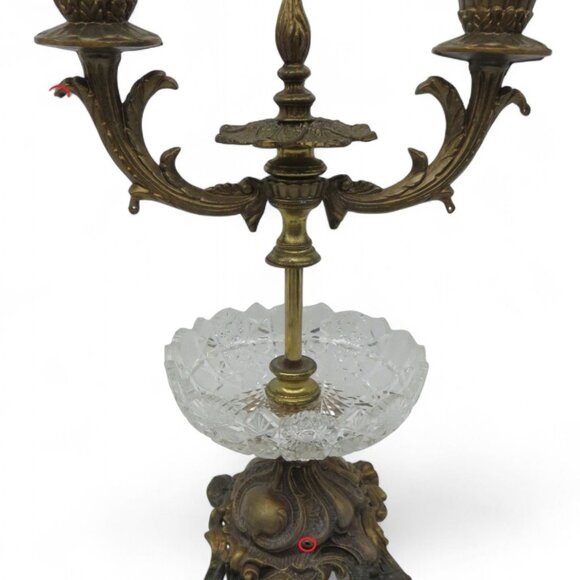 CANDELABRA Brass and Glass Two-Arm Candle Holder With Ornate Detailing Vintage - Picture 6 of 9